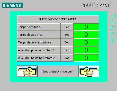 SPECIALI TEMPI DI RAMPA Tempo salita linea Sec Impostazione tempo di salita linea Tempo discesa linea Sec Impostazione tempo di discesa linea Tempo discesa rapida linea Sec Impostazione