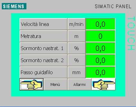 Velocità linea m/min Impostazione velocità di produzione Metratura m Lunghezza prodotto Sormonto nastrat.