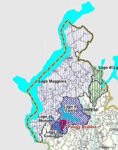 Figura 12 - Aree sensibili e bacini drenanti della Regione Lombardia dettaglio provincia di Varese - Con riferimento alle caratteristiche antropiche, il territorio della provincia varesina mostra