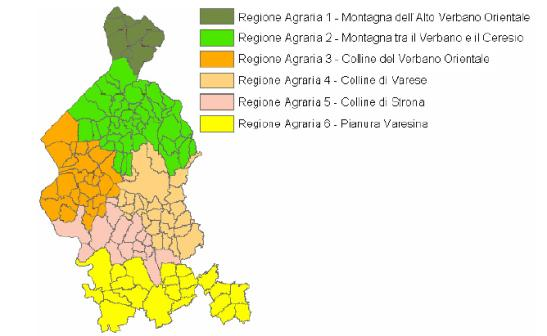 Figura 14 - Suddivisione della provincia in Regioni Agrarie Fonte: PTCP Provincia di Varese Con un estensione inferiore ai 1300 ha di superficie agricola complessiva, la Regione agraria 1 dell Alto