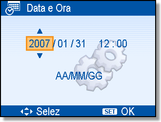 Impostazione di data e ora Accendere la fotocamera ed impostarla sul menu Setup (Impostazioni) ( pagina 8). Selezionare [ Data e ora].