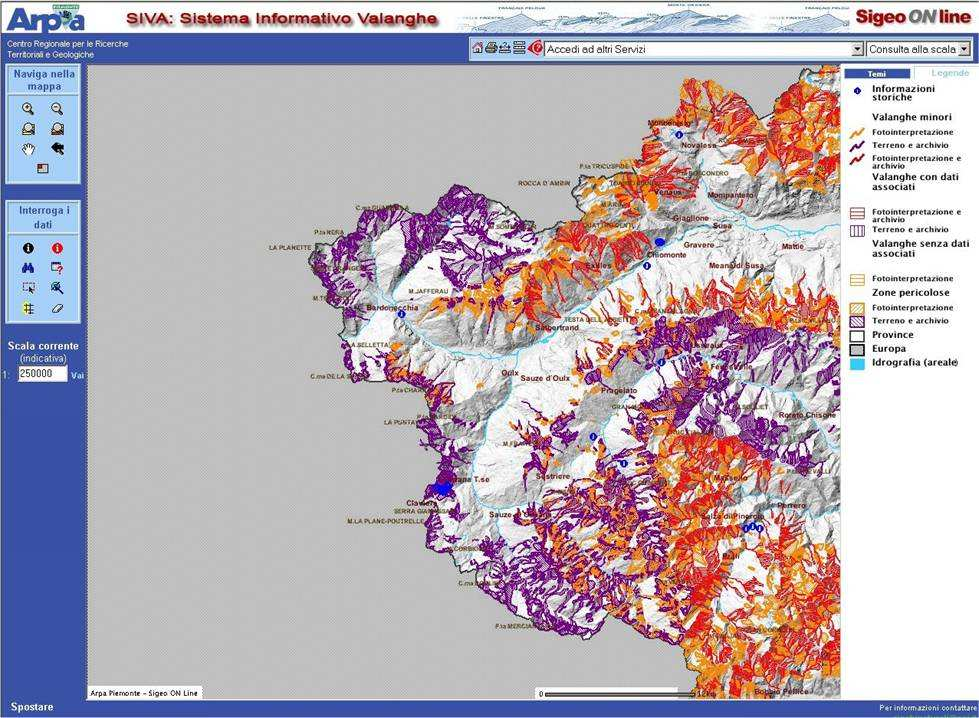 Il Sistema Informativo Valanghe SIVA di ARPA Piemonte Tutte le informazioni cartografiche e documentali disponibili confluiscono nel Sistema Informativo Valanghe per il territorio provinciale di