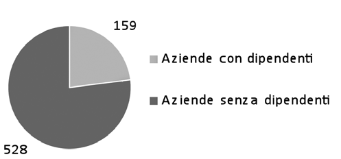 159 aziende attive con dipendenti su complessive 687 aziende pari al 23% del totale delle aziende attive. Le posizioni attive totali sono 775.