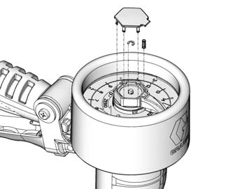 Assistenza 4. Servirsi di una chiave esagonale per rimuovere la vite del tappo. Rimuovere il tappo (50), il perno (5), la molla (53) e il puntatore inferiore (52) (FIG. 6).