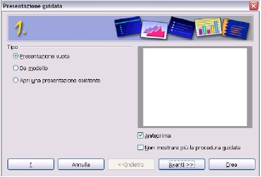 1. Creare una presentazione nuova Nel momento in cui si apre OpenOffice Impress si apre in automatico anche la finestra Presentazione guidata (figura a destra).