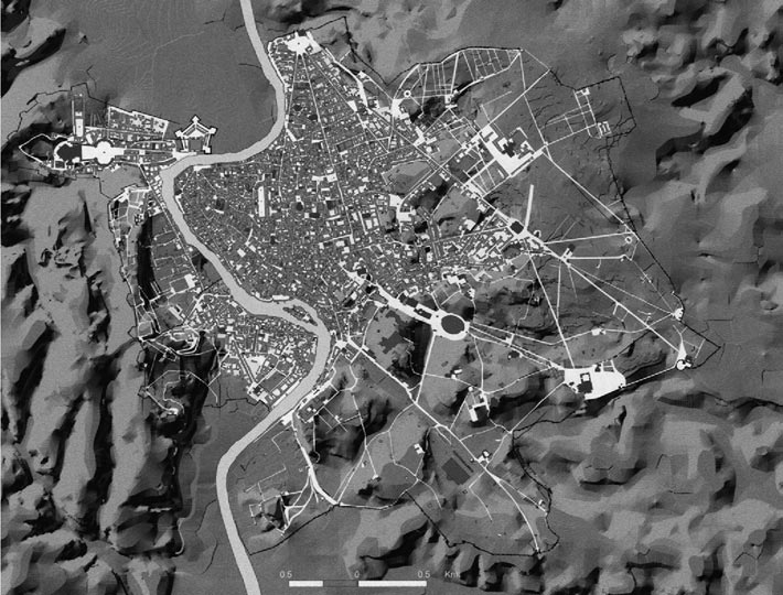 GIS e storia urbana 205 Figura 7. Il modello digitale del terreno di Roma a fine Ottocento. Particolare con l area urbana sovrapposta al rilievo ombreggiato.