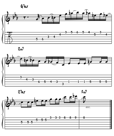 Pat Metheny: Midnight Voyage La linea melodica estrapolata da questo brano firmato Joey Caderazzo è relativa ad una parte dell improvvisazione dove Metheny tocca un dominante alterato.
