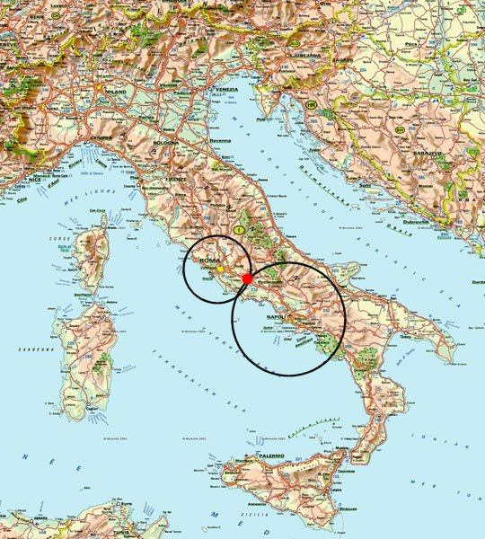 Riportando i dati sopra indicati in una cartina stradale, tracciamo due circonferenze, la prima con centro in Napoli e con raggio di cento km, la seconda con centro in Roma e raggio di 40 km.