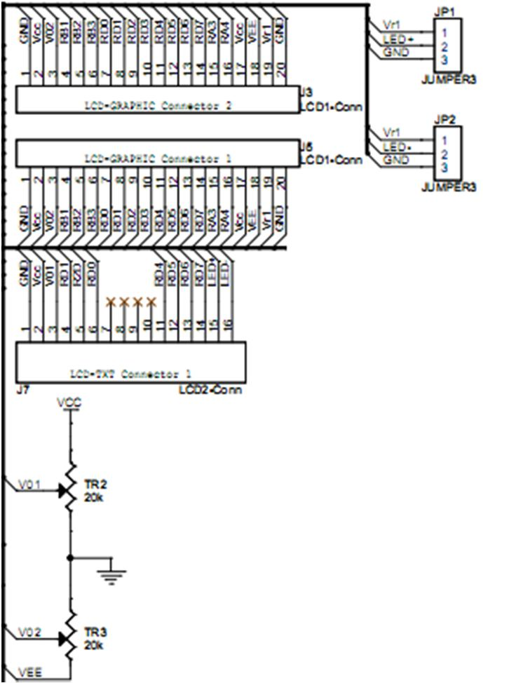 1.b) Lo schema elettrico Sezione interfacce per display LCD text e grafico La nostra scheda supporta sia display LCD di tipo text (es.