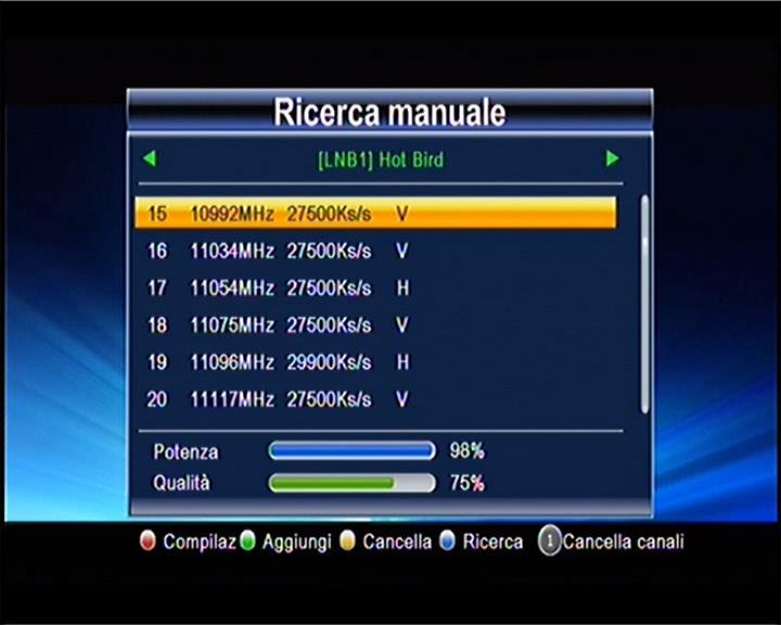 4.6 Lista TP Quando si accede al menu della Lista TP compare la seguente schermata: 1 Per cambiare satellite premere [Volume su/volume giù].