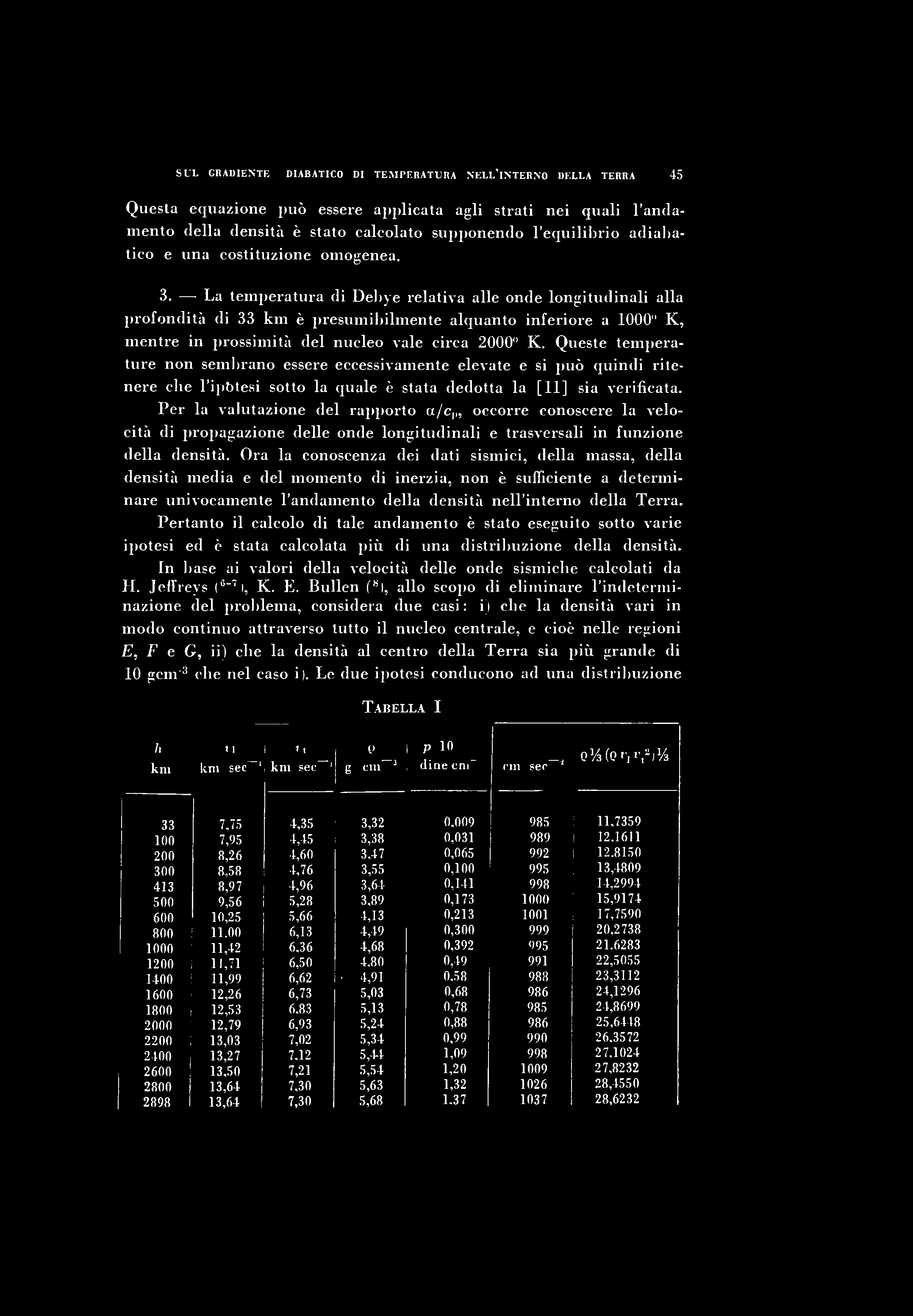 SUL GRADIENTE «DIABATICO DI TEMPERATURA NELL'INTERNO DELLA TERRA 45 Questa equazione può essere applicata agli strati nei quali l'andamento della densità è stato calcolato supponendo l'equilibrio