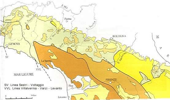 Tav. 1. Schema geologico semplificato dell'appennino settentrionale nel quale vengono indicati i principali protagonisti della struttura geologica del territorio emiliano-romagnolo.