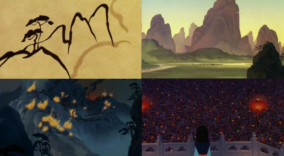 4 Sequenza di sfondi del film Mulan, per sottolineare il rapporto tra lo sfondo del film e l arte pittorica cinese Alcune recensioni negative sostengono che i personaggi maschili, ad eccezione