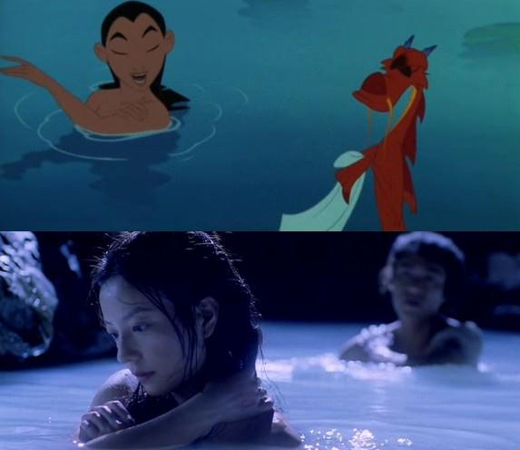 In questa scena si vede Mulan uscire di nascosto la notte per andare in guerra cosa che non è descritta in nessuna versione letteraria della leggenda, in quanto la ragazza avvisa i genitori della sua
