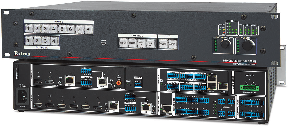 DTP CrossPoint IP Matrici di presentazione x con scaler e estensione DTP Soluzione unica di matrice x con supporto K, scaler, DSP audio, amplificatore audio e processore di controllo Due input DTP e