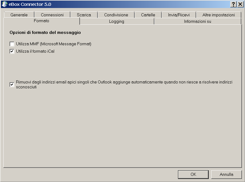 Nella scheda Formato è possibile selezionare i formati accettati per i messaggi.