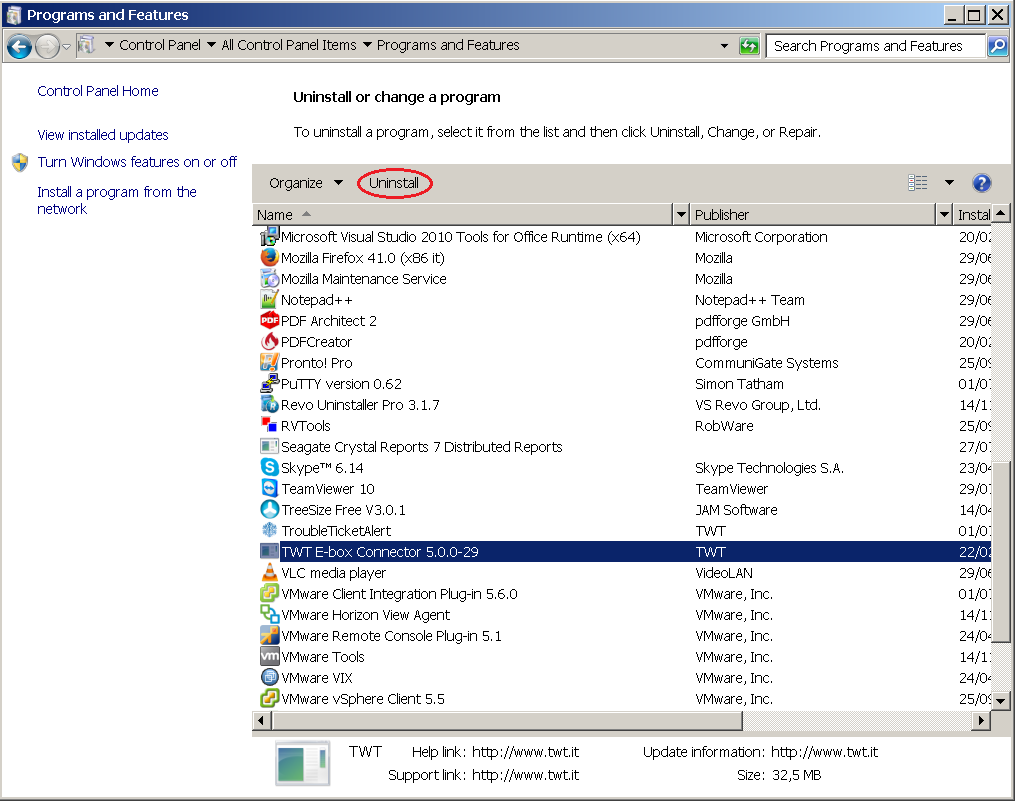 Disinstallazione Il connettore è una normale applicazione, che può essere disinstallata direttamente dal Pannello di Controllo.