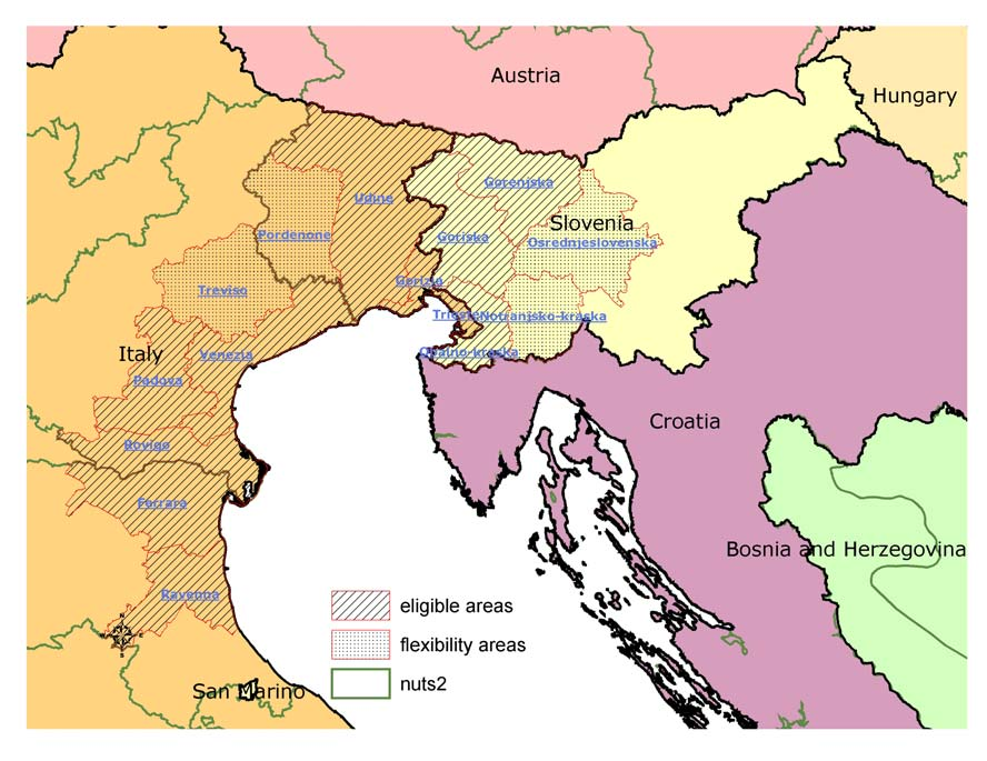 La cooperazione transfrontaliera Programma Italia - Slovenia Area del Programma Italia: Province di Trieste, Gorizia, Udine, Pordenone (zona in deroga), Venezia, Rovigo, Padova,