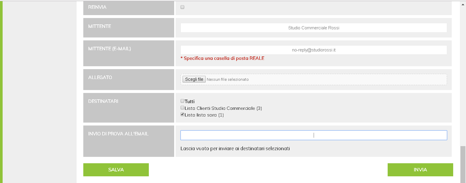 Se la mail di prova è come la volevi, rifai la procedura ed inviala alla lista di clienti