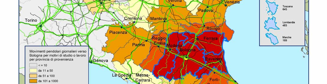 8 I flussi in arrivo dalle zone più lontane: la mobilità extraregionale Spostamenti pendolari nazionali verso il comune di Bologna ai Censimenti 1991 e 2001 per regione o provincia di origine e