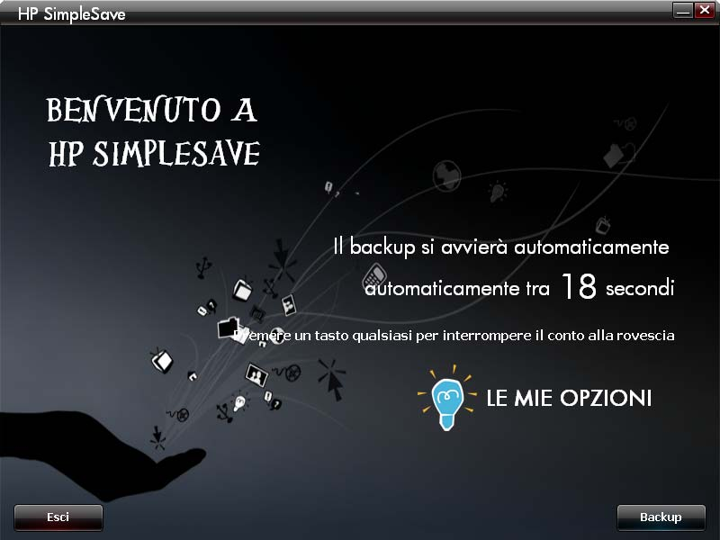 3 Come effettuare il backup dei file Una volta aperto, HP SimpleSave inizia automaticamente a eseguire il backup dei tipi di file più comuni presenti sul disco rigido principale del computer.