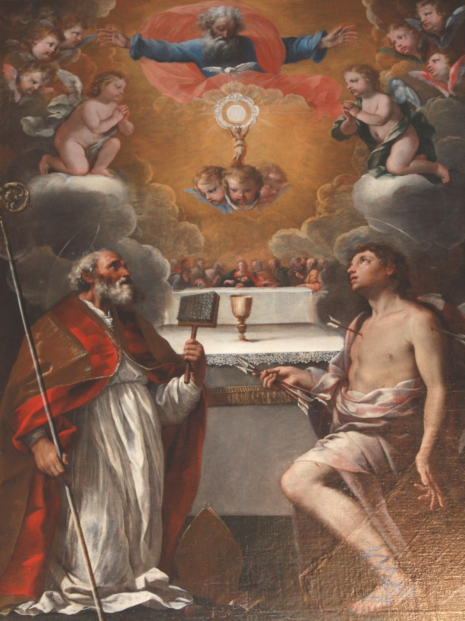 Altare navata sinistra: Antonio Cercignani, detto Il Pomarancio (Pomarance, 1570-1630), Gloria dell Eucarestia con i Santi Biagio e Sebastiano,