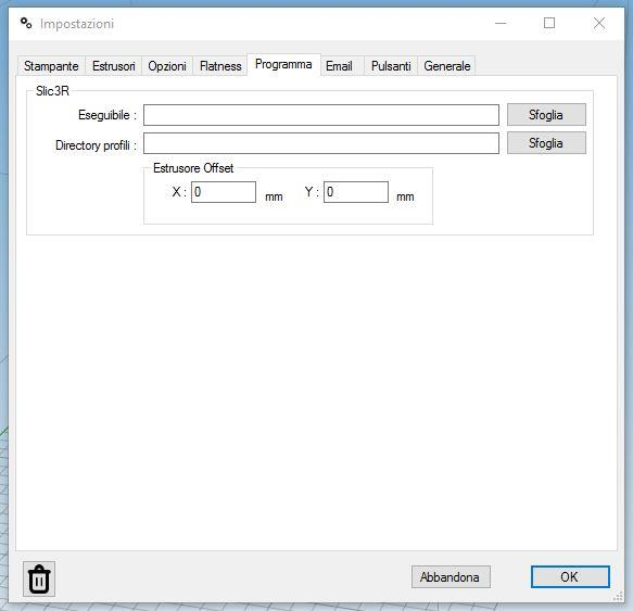 SCHEDA PROGRAMMA Eseguibile: specifica l eseguibile di Slic3r da utilizzare, nel caso non si voglia usare la versione di Slic3r compresa con 3DPRNWARE Directory profili: