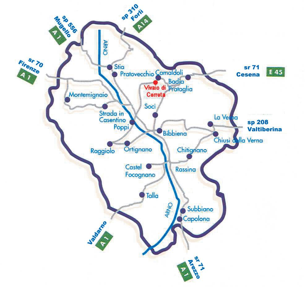 INDICAZIONI PER RAGGIUNGERE IL VIVAIO FORESTALE DI CERRETA Da Firenze prendere la strada per Pontassieve (SR 70 della Consuma) Passo della Consuma, Poppi; da Poppi seguire le indicazioni per