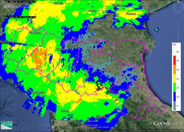 I sistemi precipitanti continuano il loro spostamento verso est ed alle 13:00 UTC insistono principalmente sulle province di Modena, Bologna e sull'appennino romagnolo.
