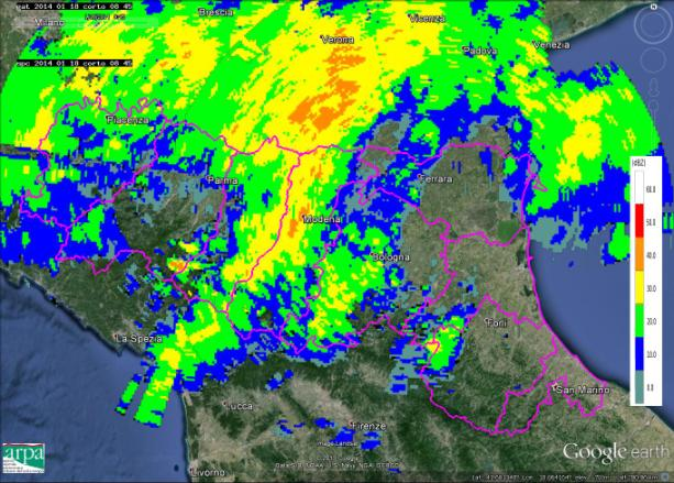 A partire dalle 03:00 UTC gli impulsi precipitanti, che assumono una direzione prevalente da sud