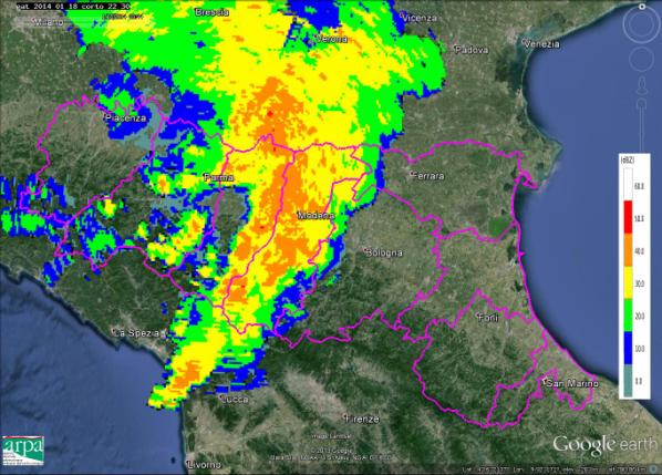 Dalle 21:00 UTC le piogge sono localizzate sulle sole province di Parma, Reggio-Emilia e