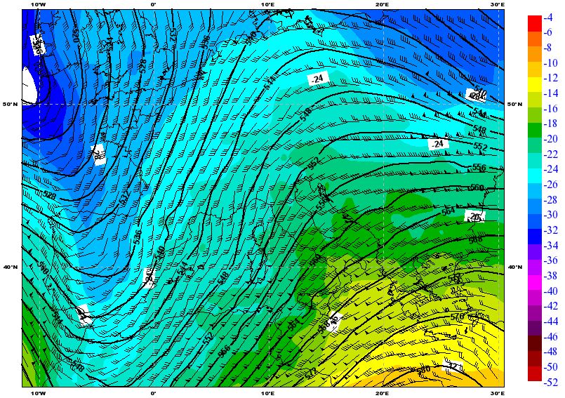 Figura 6: Mappa di analisi (da modello IFS-ECMWF) del campo di geopotenziale, temperatura e vento a 500 hpa del 18/01/2014 alle 12 UTC.