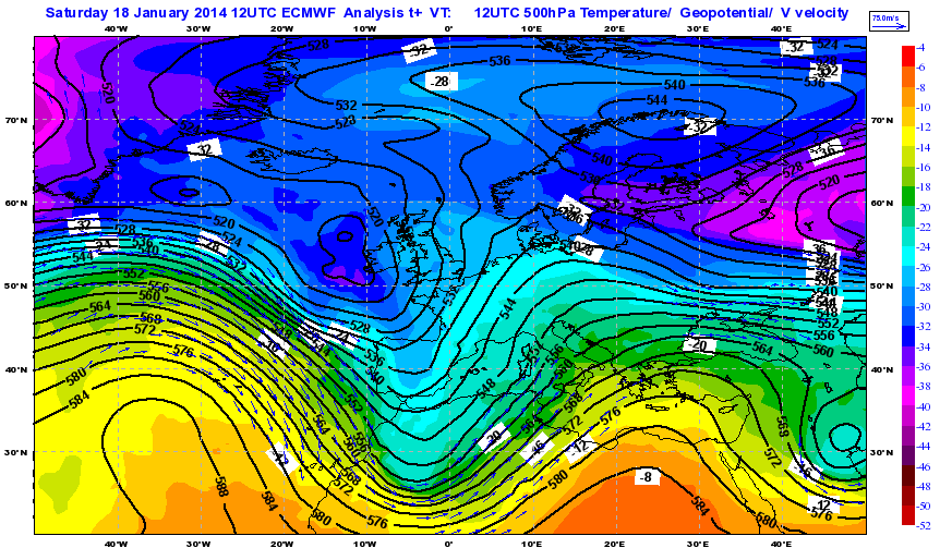 Figura 7: Mappa di analisi (da modello IFS-ECMWF) del 18/01/2014 alle 12 UTC, centrata sull Italia, del campo di geopotenziale, temperatura e vento a 500 hpa (a sinistra) e a 850