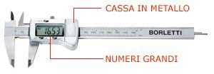 CALIBRO VENTESIMALE BORLETTI CN20A MM.200 Scale metriche cromate opache. Nonio doppio per una più sicura lettura. Rotella per il bloccaggio del nonio. Costruito in acciaio inox.