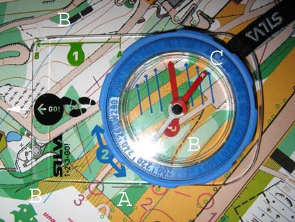 Allineare l ago della bussola (C) con la freccia che indica il Nord disegnata sulla mappa (B-meridiani) ruotando su se stessi. Mappa e bussola ruotano insieme con la persona; 4.