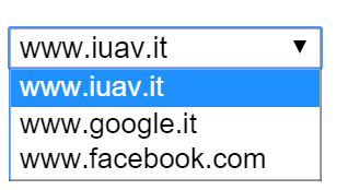 Scelta di opzioni Per creare un menu di opzioni si utilizza un tag apposito: <select>. Con questo tag, ciascuna voce deve essere compresa all'interno del tag <option> (con chiusura opzionale).