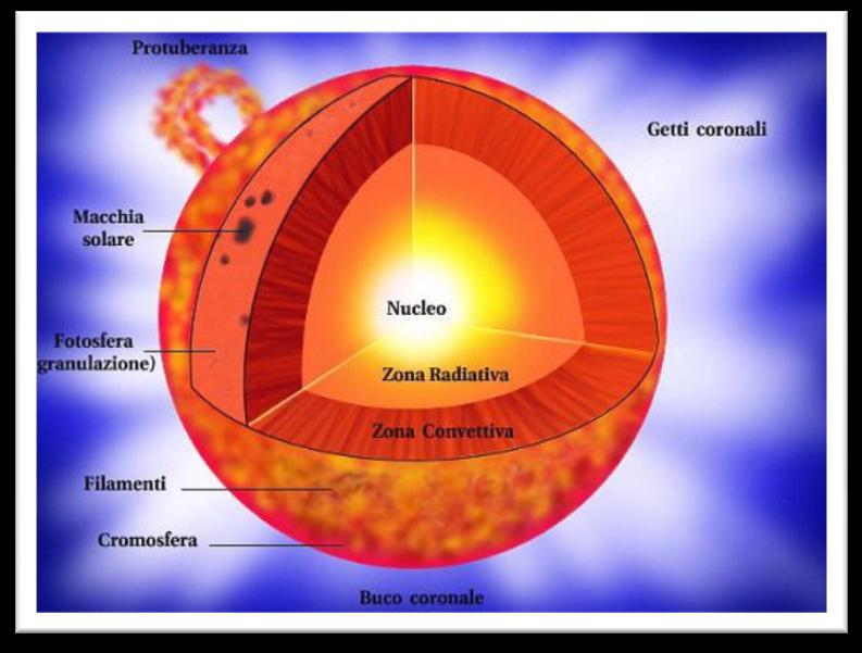 STRUTTURA - IL SOLE E COMPOSTO DA NUCLEO: Il nucleo solare comprende il 10 % del volume totale della stella, ma costituisce oltre il 40 % della sua massa totale.