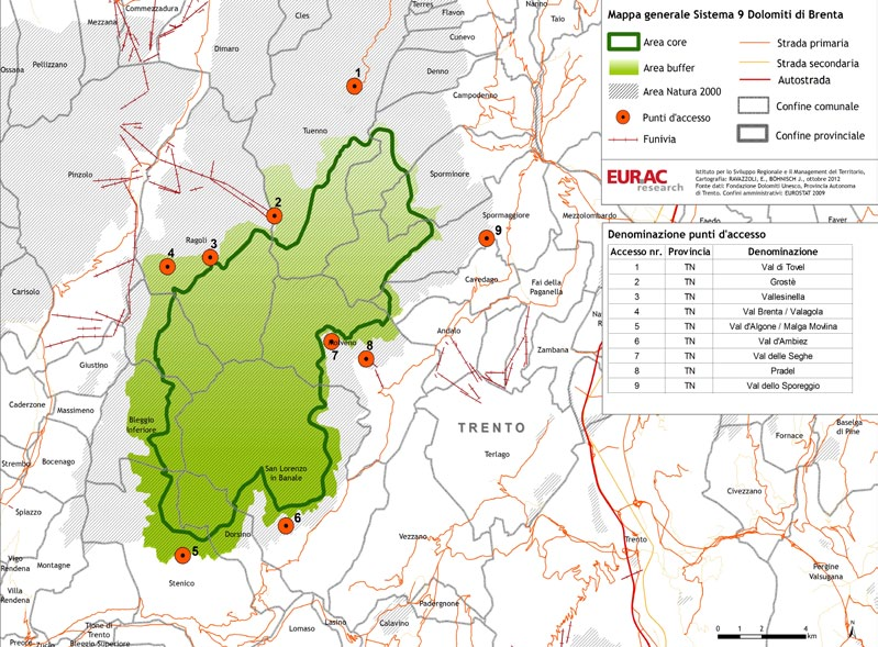 Criticità, potenziali e strategie per i singoli Sistemi delle Dolomiti Patrimonio UNESCO Figura 47: mappa generale dei principali punti di accesso al Sistema 9: Dolomiti di Brenta considerati per il