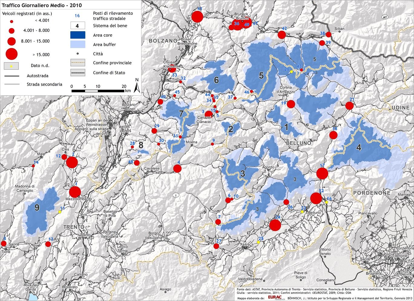 Individuazione delle criticità e dei potenziali generali per le Dolomiti Patrimonio UNESCO Figura 21: il traffico giornaliero medio nelle Dolomiti