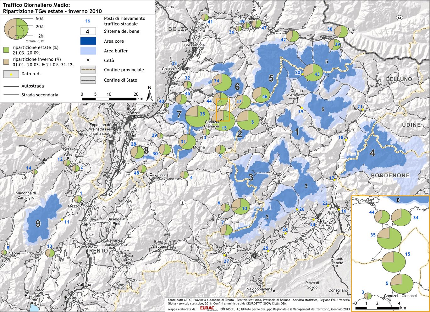 Individuazione delle criticità e dei potenziali generali per le Dolomiti Patrimonio UNESCO di identificare le aree in cui il traffico è soggetto a un elevata variazione stagionale: la Figura 23