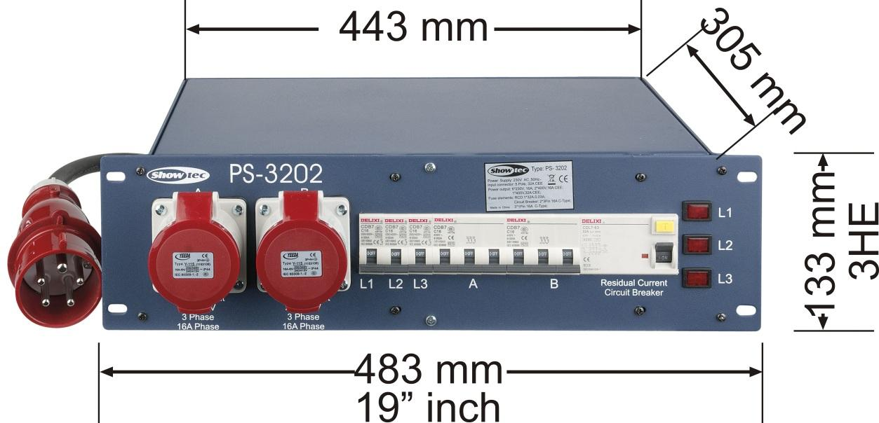 Specifiche tecniche del prodotto Modello: Showtec PS-3202 Ingresso CEE 32A - 2 uscite CEE 16A + 6 prese Schuko Alimentazione: 230V CA / 50 Hz Potenza assorbita: max.
