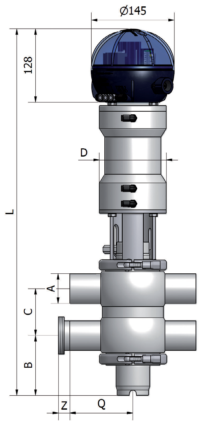 B925 PMO Dimensioni mm Dimensions mm B 145 mm L B C 128 mm A D Z Q S/S CLAMP DN A B C D L Q Z 1 1/2 38.1x1.5 90.5 67 146 630.5 95 12.7 2 50.8x1.5 103 80 146 662.5 110 12.7 2 1/2 63.