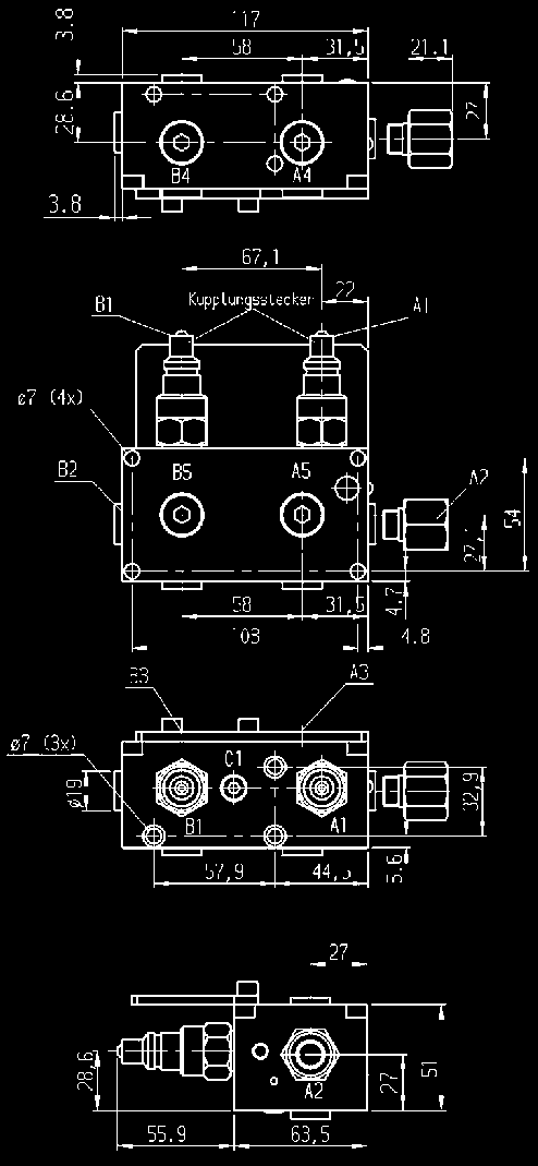 Accumulatore di pressione Nr. 6919-20 Unità di comando dell accumulatore di pressione per cilindro a doppio effetto, pressione d esercizio max. 400 bar. N. articolo Q [l/min] Serraggio uscite da A2 a A5 Sbloccaggio uscite da B2 a B5 320002 6919-20 7,5 G1/4 G1/4 2572 Distributore in acciaio brunito.