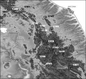 Fig. 1 - I terremoti forti dell Appennino umbro-marchigiano (la figura a colori è riportata in Appendice a pag. 171). 1703 NT4.