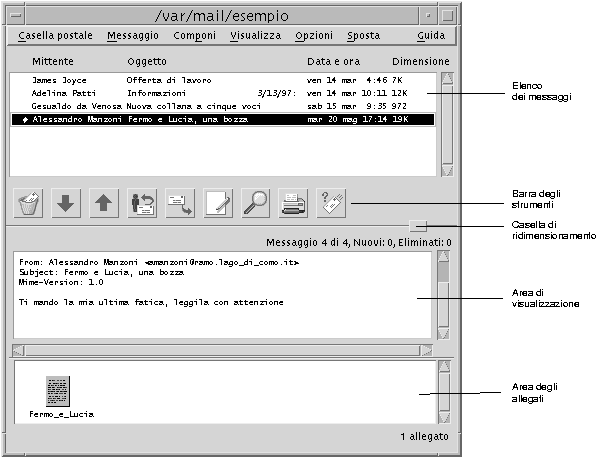 Figura 8 2 Finestra principale della Gestione posta La finestra principale comprende le seguenti aree: Elenco dei messaggi Barra degli strumenti Casella di ridimensionamento Area di visualizzazione