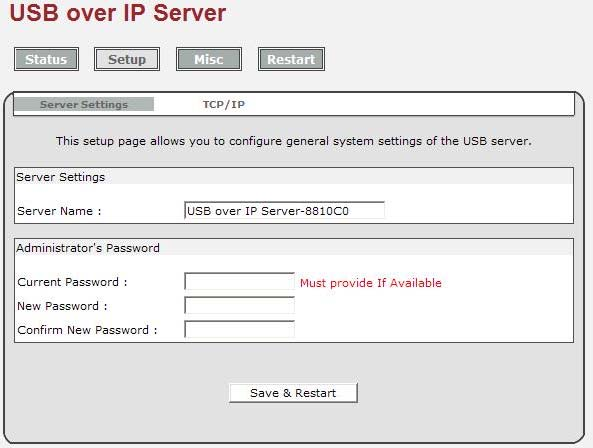 Setup (Impostazione): In questa finestra si può aggiungere una password per il server USB di rete su IP, o modificarne una esistente. Il server USB di rete su IP non ha una password preimpostata.