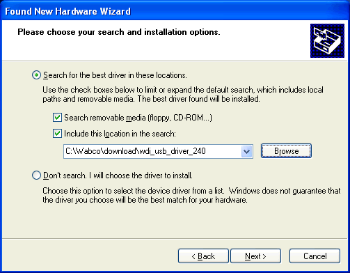 Windows USB driver per interfaccia Istruzioni per l'installazione - Cliccare il punto Search for the best driver in these locations.