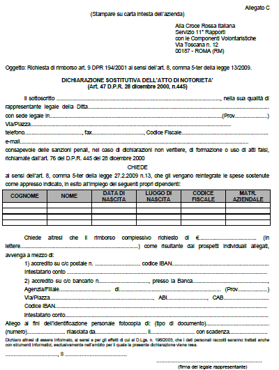 Mod C CRI da consegnare al datore di lavoro per richiedere il rimborso del dipendente al Dipartimento della Protezione Civile