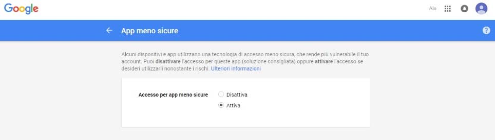 L attivazione del servizio potrebbe richiedere diversi minuti a seconda delle policy di aggiornamento dei server di Google, pertanto l invio delle mail potrebbe avvenire con del ritardo.