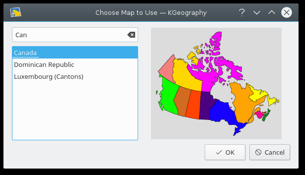 E appare la finestra principale di KGeography